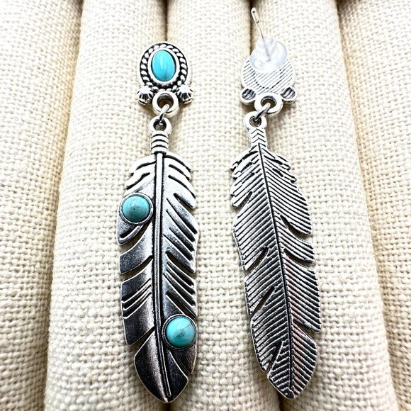 Western Style Silver Tone Feather Pierced Earrings Blue Faux Turquoise 2 Inch - Picture 3 of 4